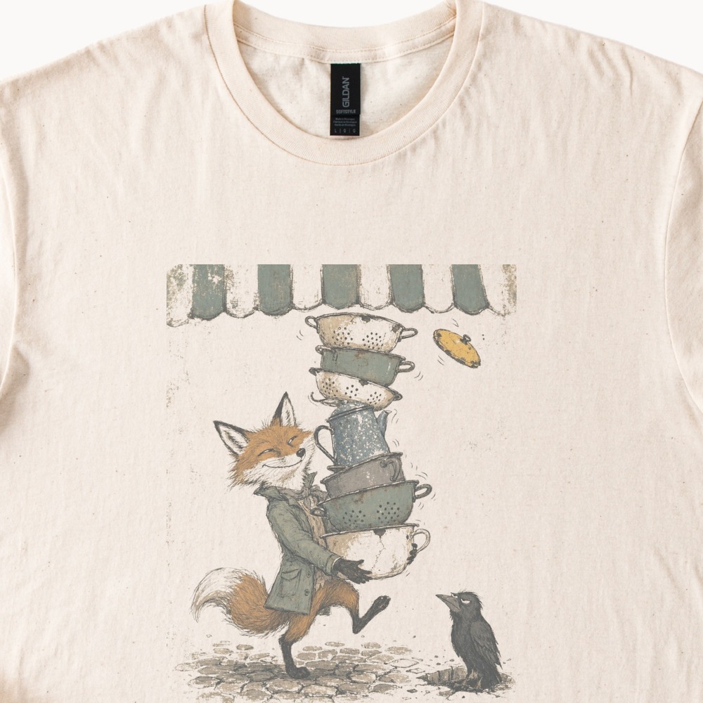 Fox with Cooking Pots Graphic Tee Vintage Whimsical Art Natural - Picture 2 of 5